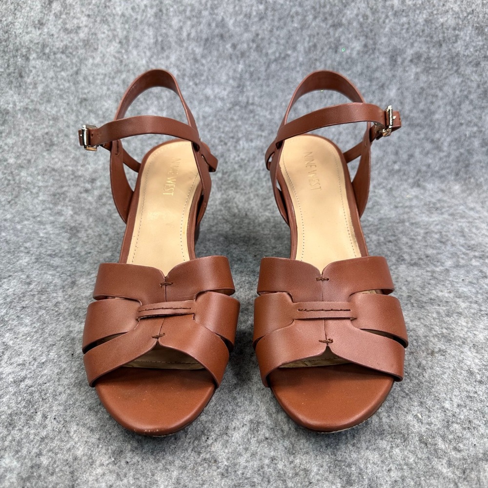 Nine West Womens Cognac Brown Wedge Sandals Ankle Strap Open Toe Heels - Picture 10 of 11
